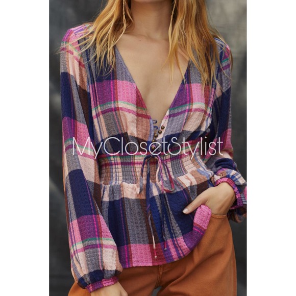 Anthropologie Tops - Anthropologie Pilcro Plaid V Neck Blouse NWT! Small Pink Top sold out